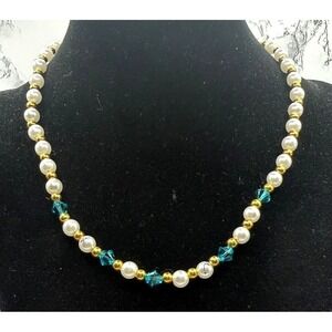 Girls Faux Pearl & Teal Crystal Necklace Gold Tone Sunday‎ Church Spring Jewelry